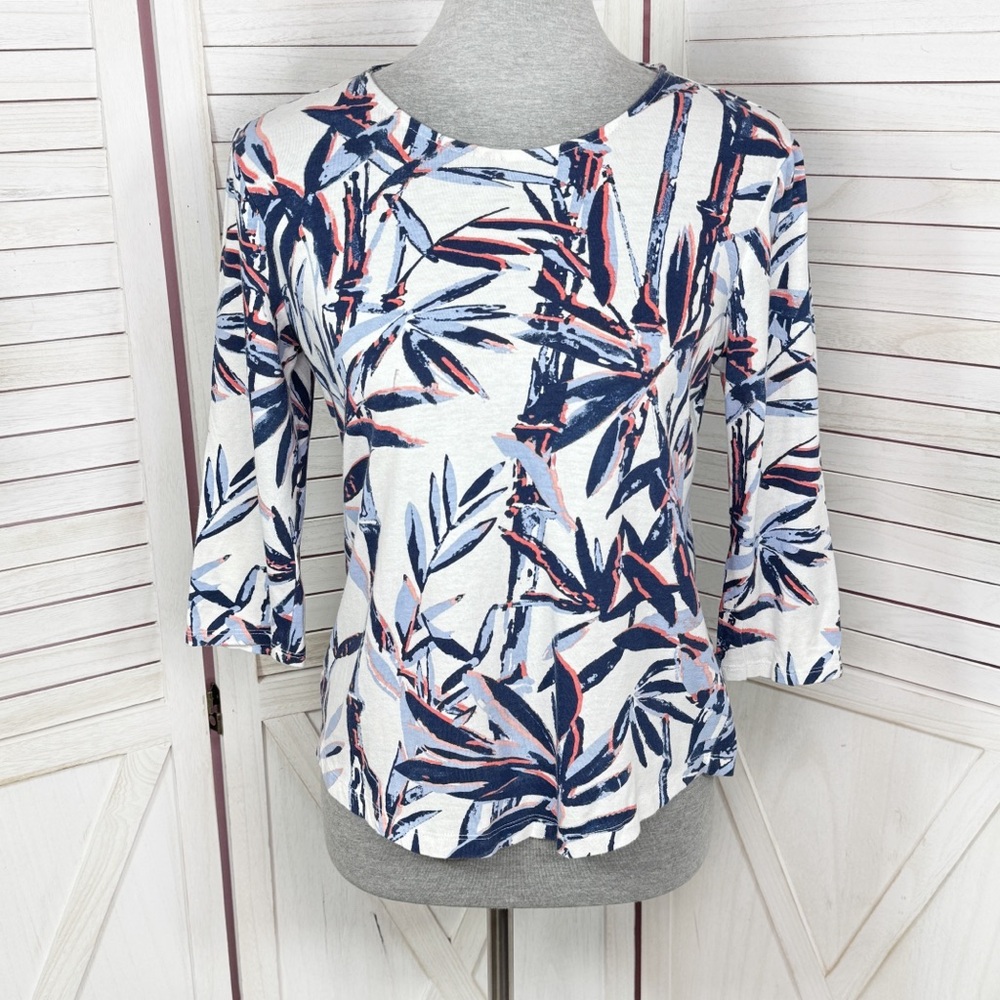 Chicos Weekends Bamboo Print 3/4 Sleeve Tee Shirt White Blue Small 4